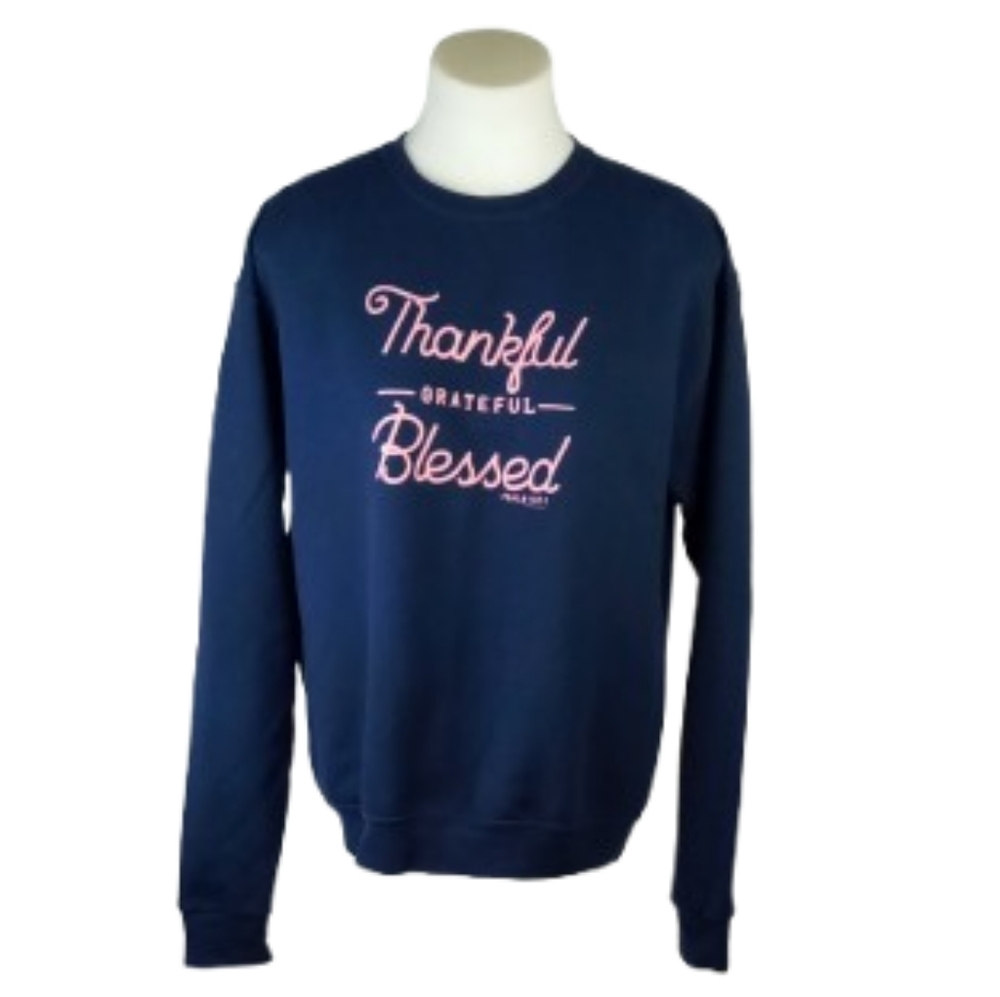 Jerzees Navy Blue Sweatshirt with Pink Text Sz Med
